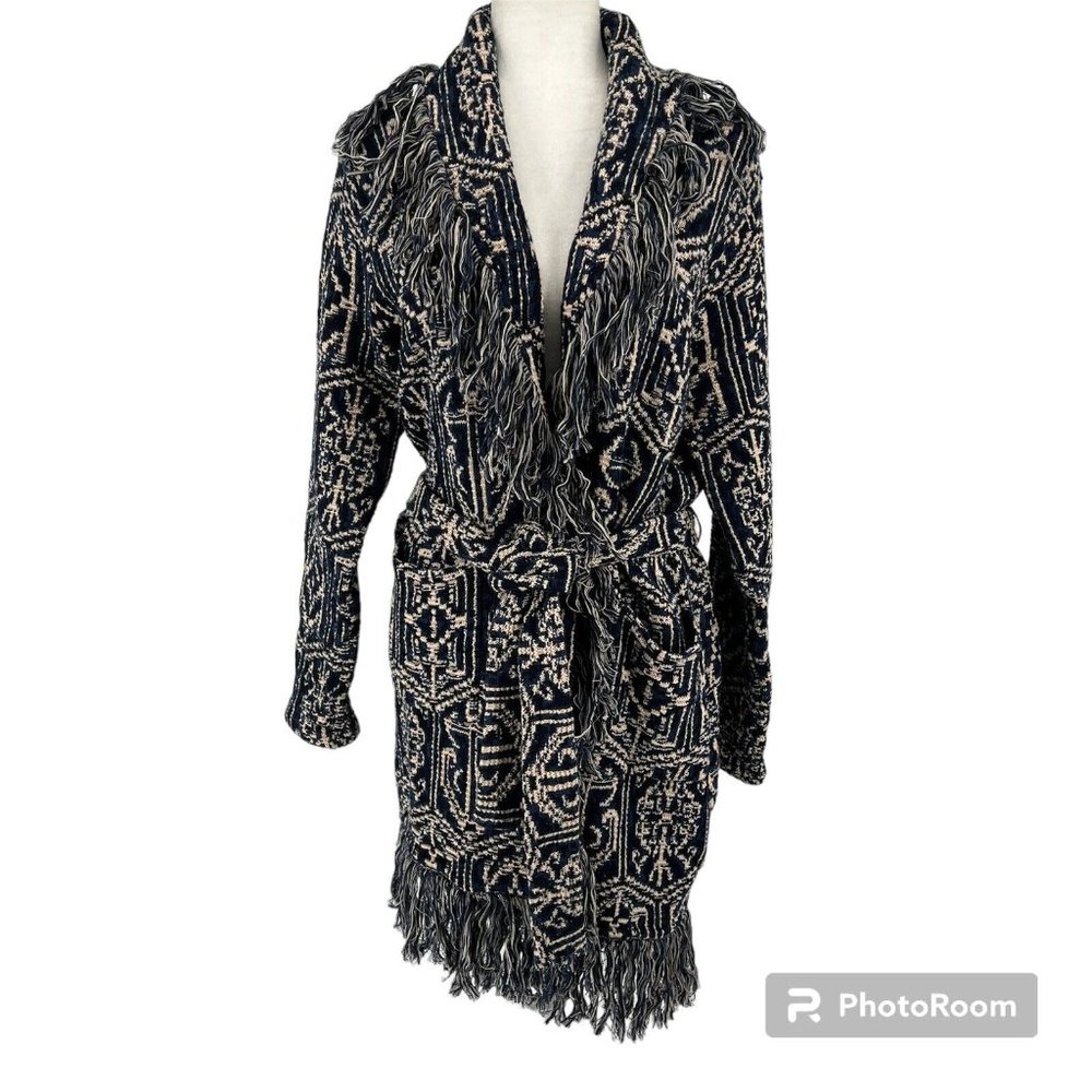 SUNDANCE CATALOG Tie Waist Cardigan Blanket Sweater Coat Size Medium Fringe Navy